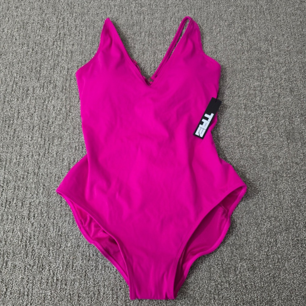 TA3 Plungey XL Short Pink One Piece Swimsuit Lace Up Back Sculpting NWT V Neck